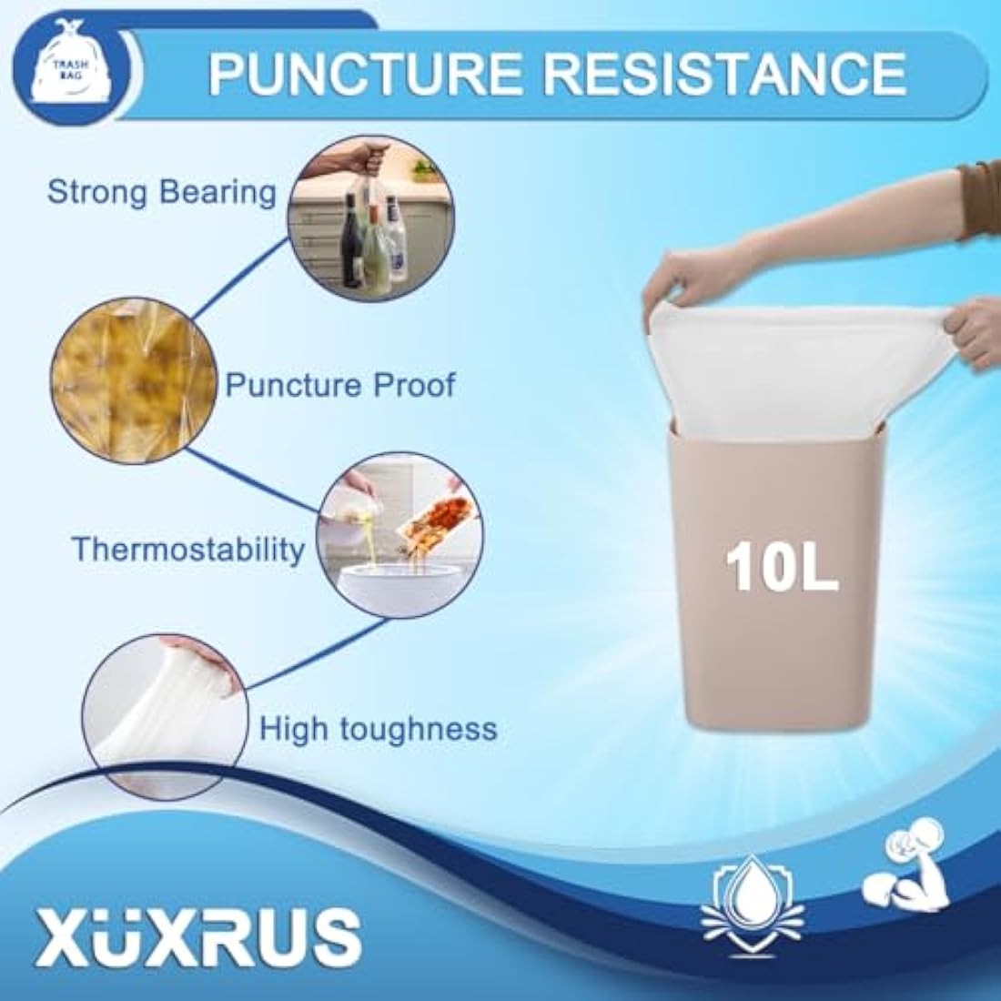 XUXRUS 10L Bin Liners | 120 Count Leakproof Small Rubbish Bags - White