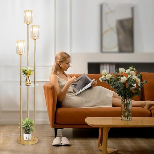 Rayofly Modern Gold Floor Lamp with Shelves | 3-Light Crystal Standing Lamp