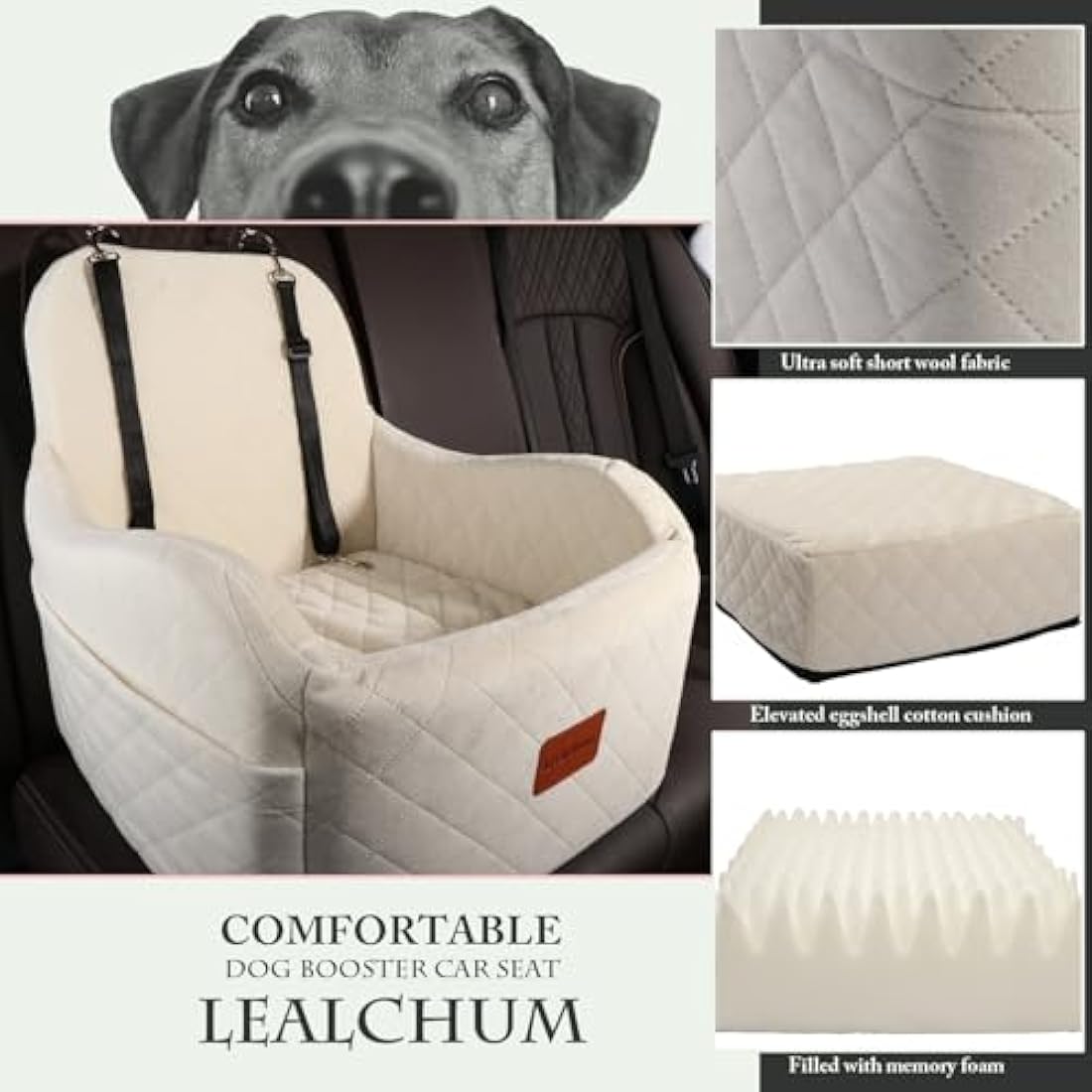 Lealchum Dog Booster Car Seat | Washable Memory Foam Pet Bed - Beige