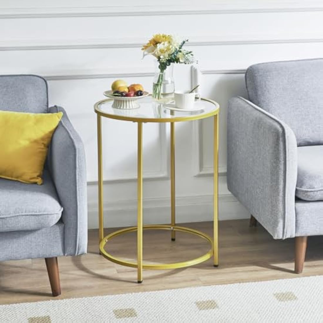 YMYNY Round Side Table | 2-Tier Gold Metal & Tempered Glass End Table