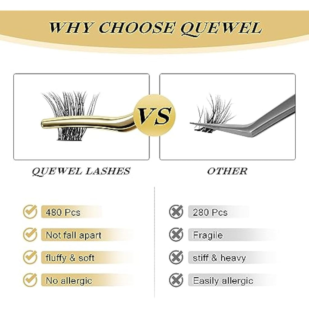 QUEWEL Cluster Lashes – 480 Pcs D Curl DIY Individual Lash Extensions