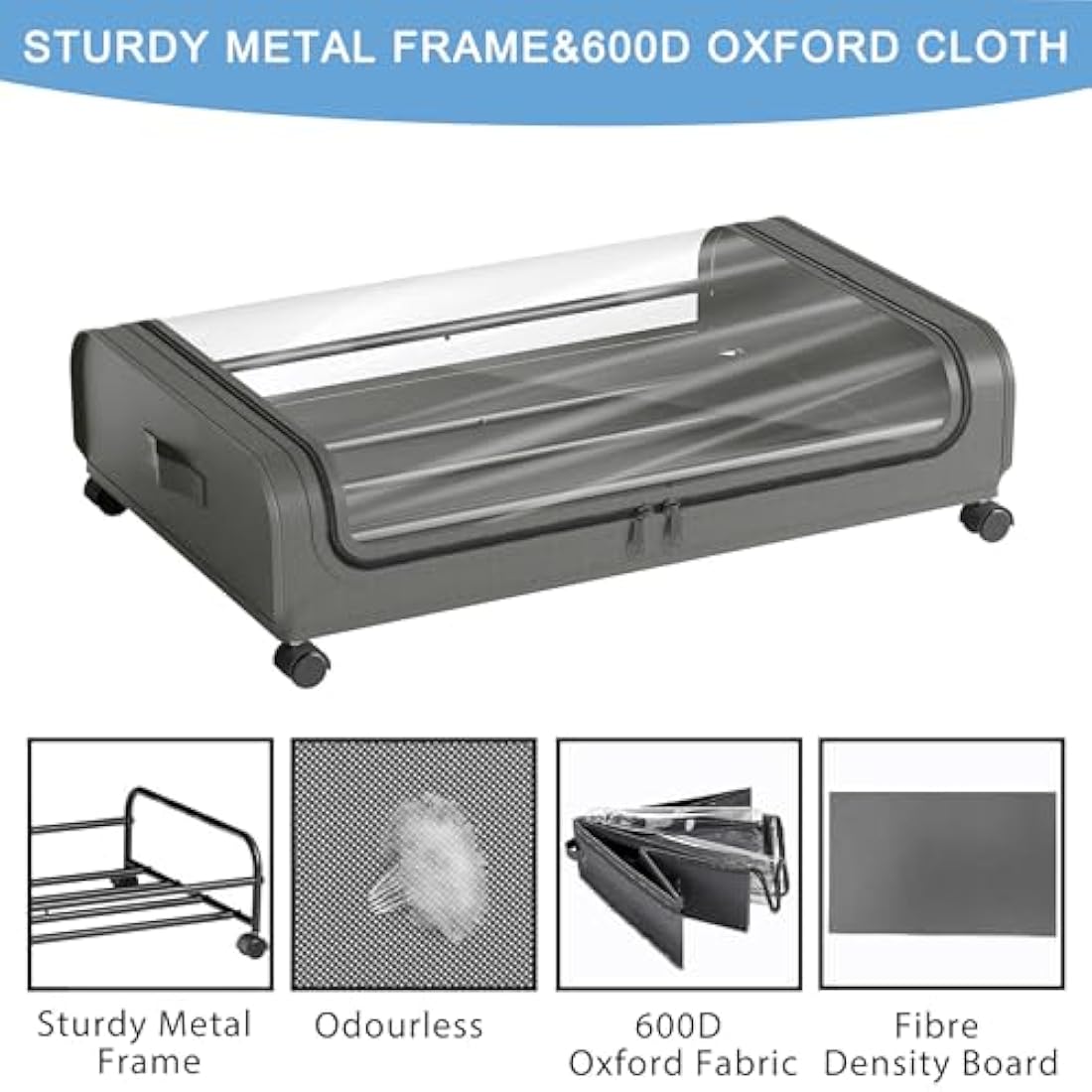 2-Pack Under Bed Storage with Wheels | 48L Metal Frame - Grey