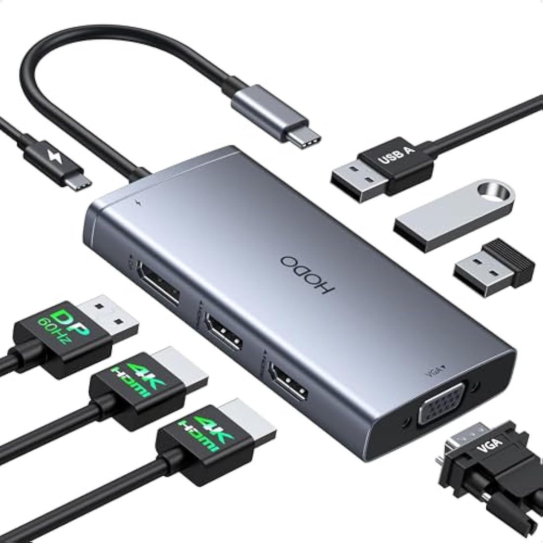 HODO 8-in-1 USB C Docking Station – Dual HDMI 4K, DP, VGA & 100W PD