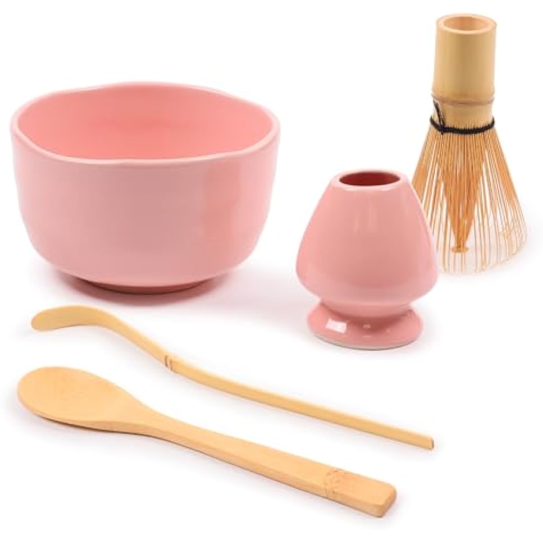 BambooMN Pink Matcha Bowl Set - 5-Piece Ceramic and Bamboo Tea Kit