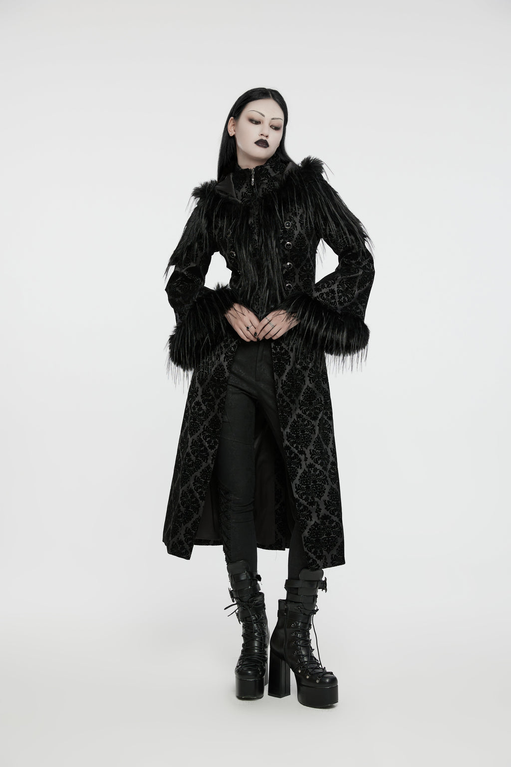 Punk Rave Morrigan Goth Jacquard Coat – Black Faux Fur Hooded Jacket
