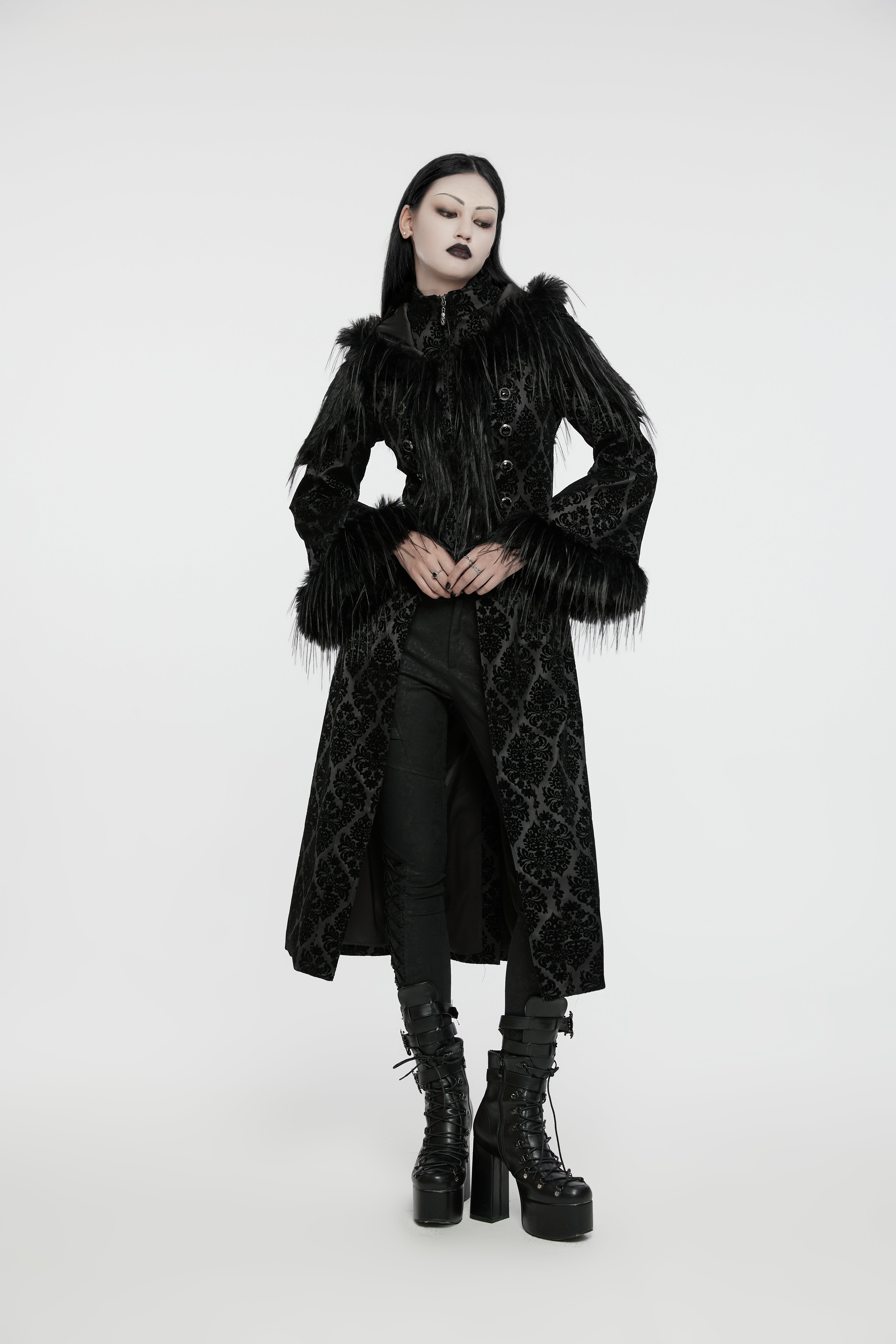 Punk Rave Morrigan Goth Jacquard Coat – Black Faux Fur Hooded Jacket