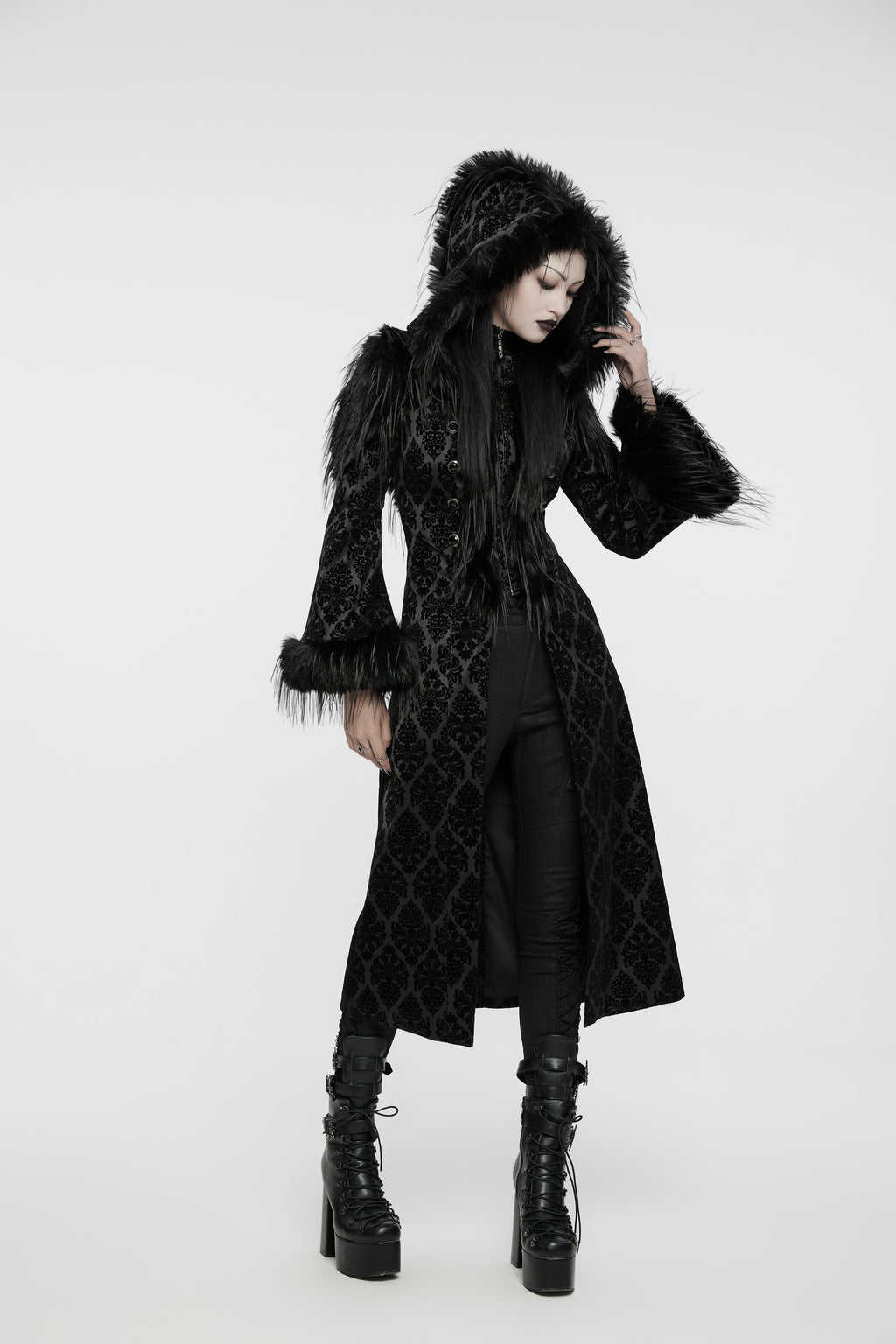 Punk Rave Morrigan Goth Jacquard Coat – Black Faux Fur Hooded Jacket