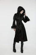 Punk Rave Morrigan Goth Jacquard Coat – Black Faux Fur Hooded Jacket