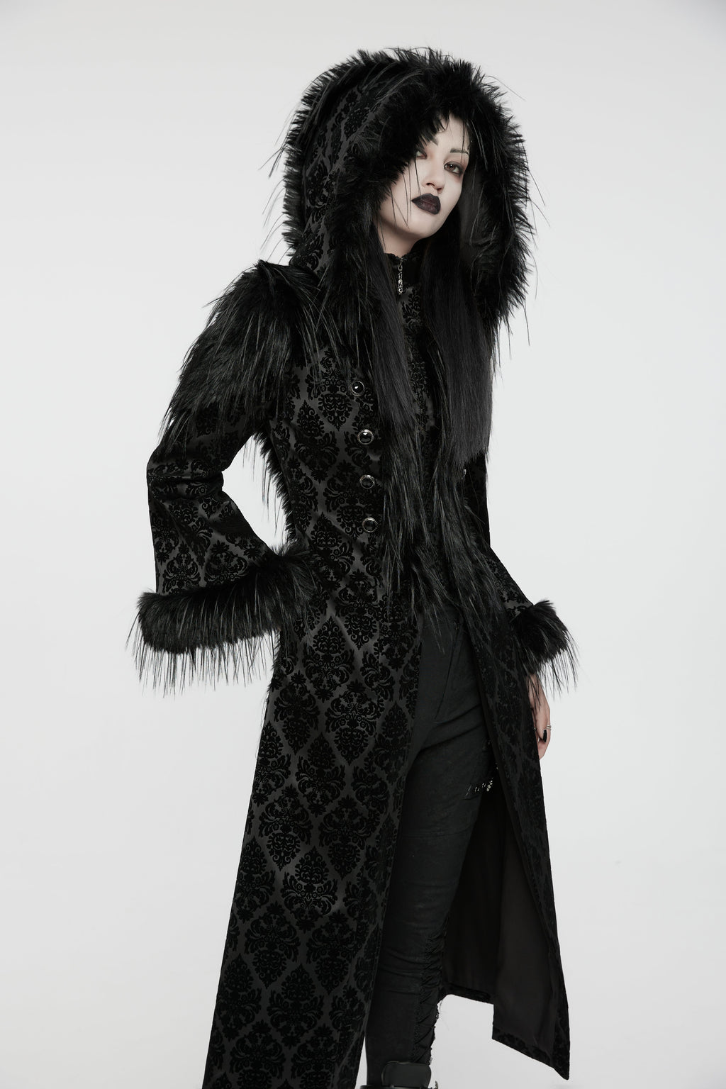Punk Rave Morrigan Goth Jacquard Coat – Black Faux Fur Hooded Jacket