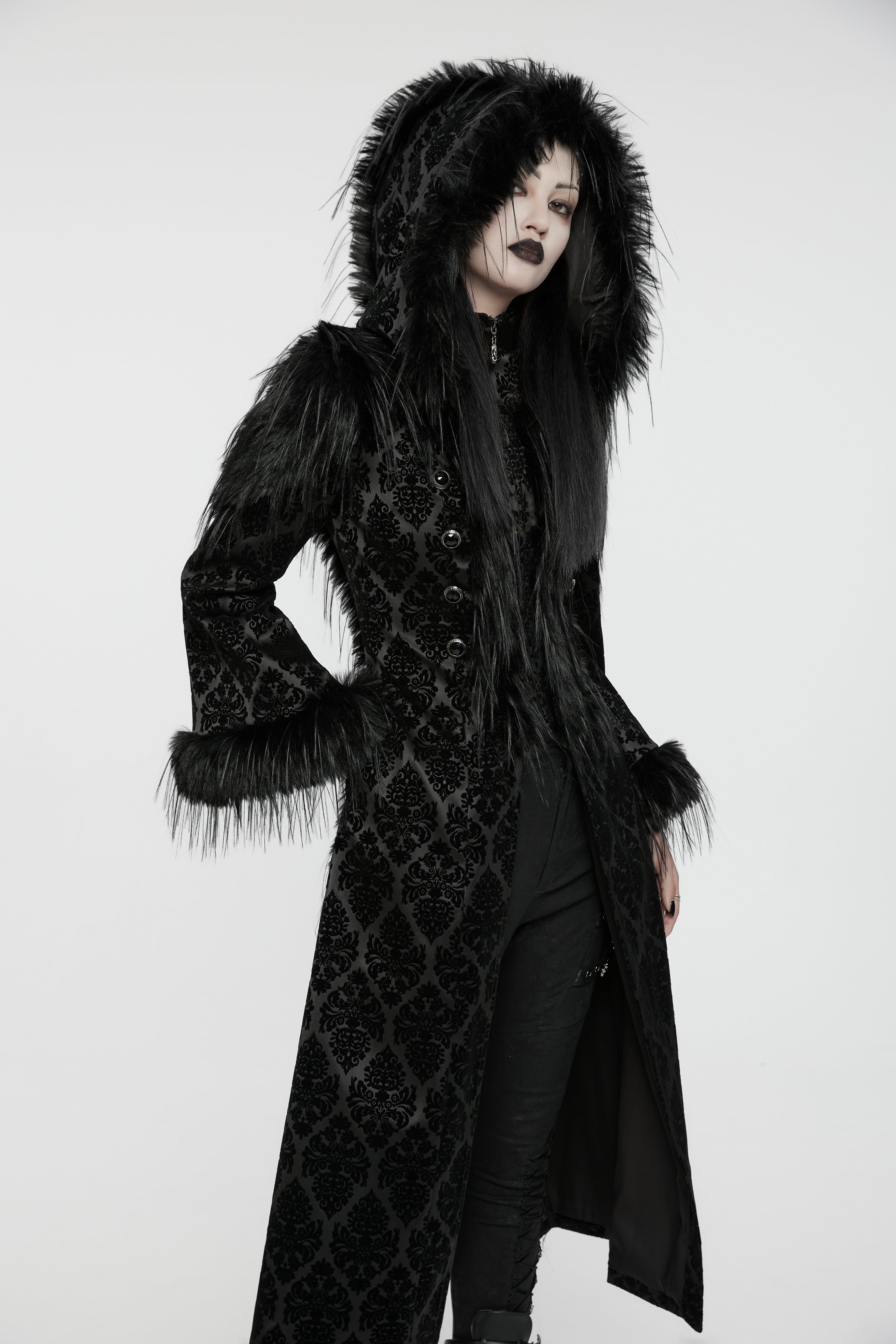 Punk Rave Morrigan Goth Jacquard Coat – Black Faux Fur Hooded Jacket