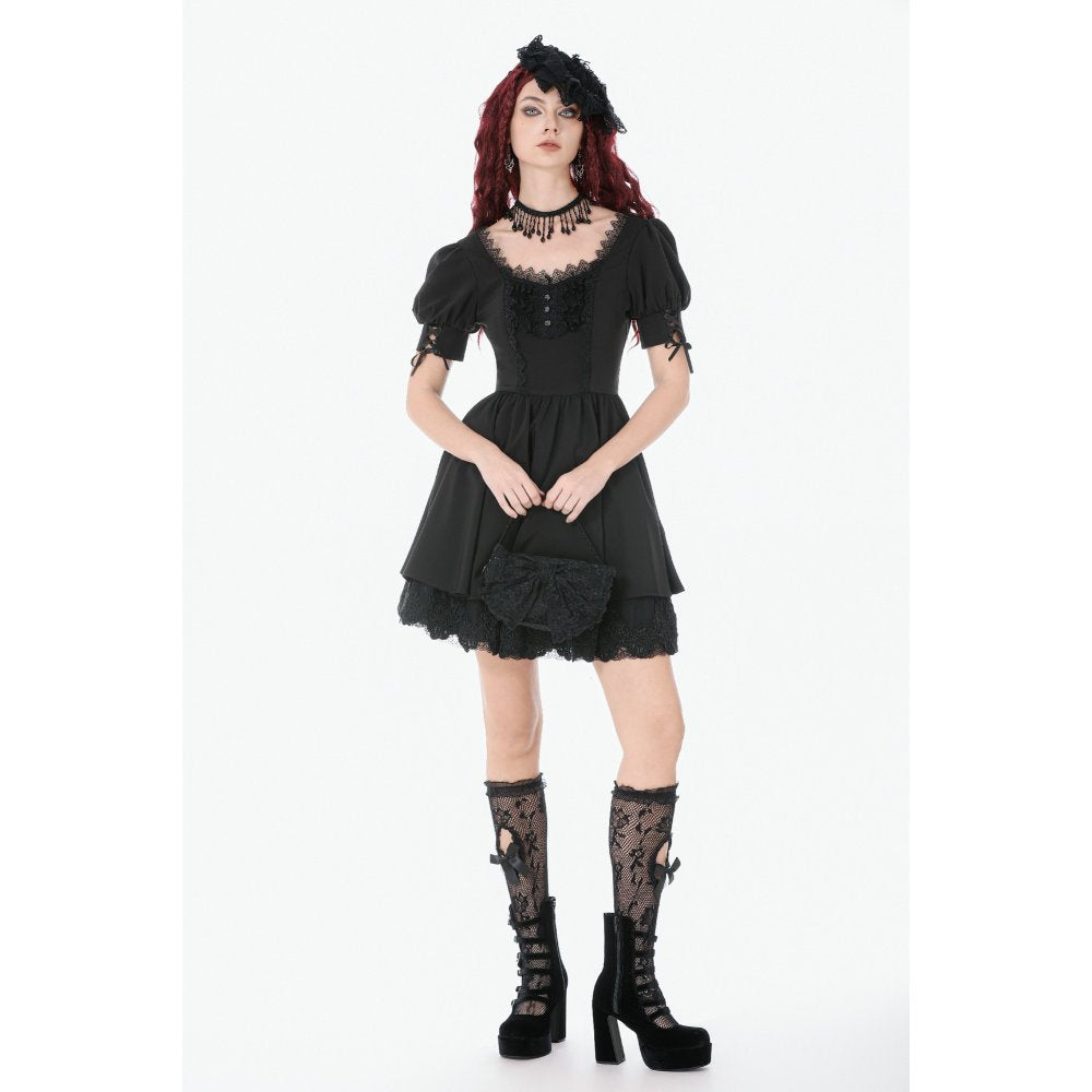 Dark in Love Gothic Lace Square-Neck Puff Sleeve Dress – Black
