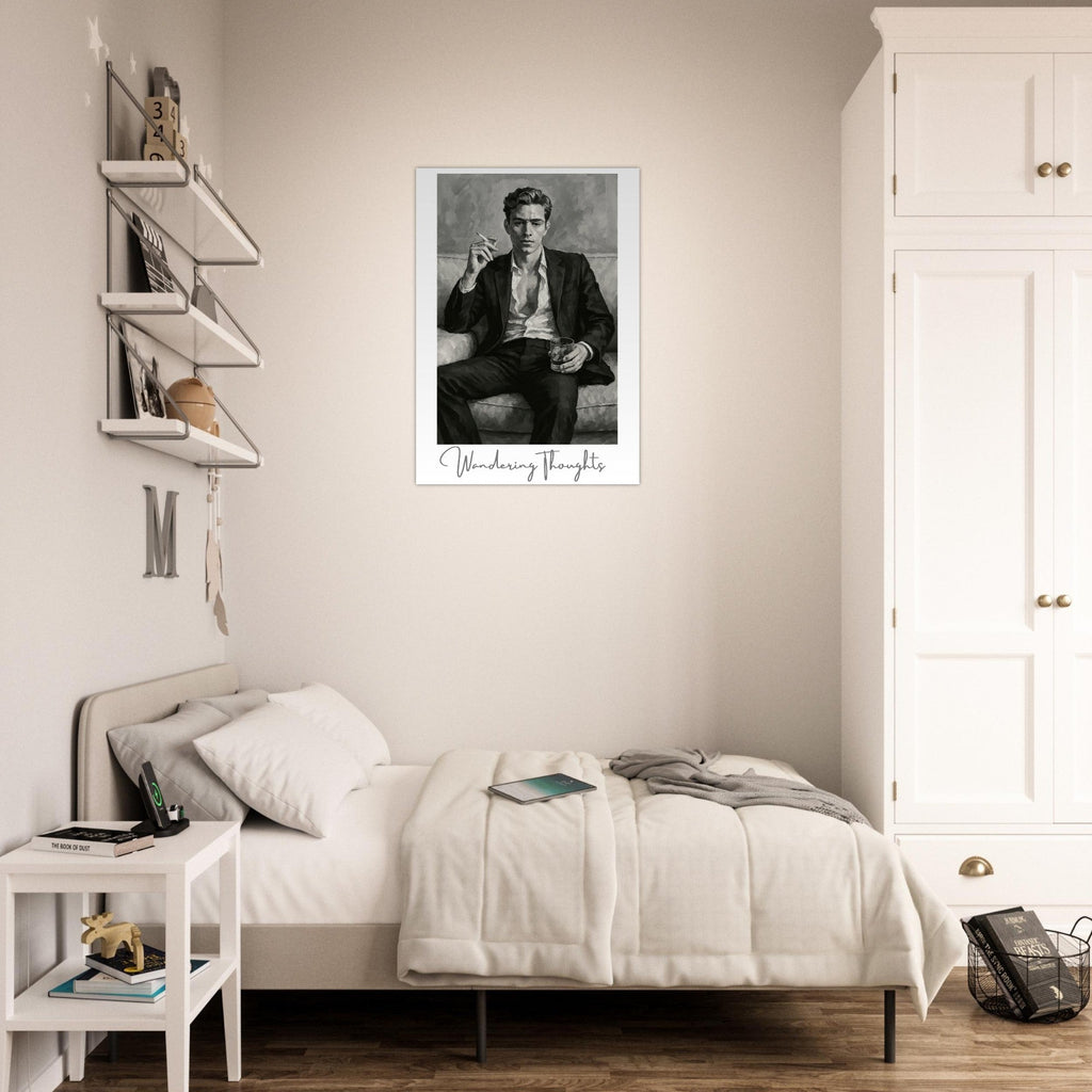 Contemplative Mood Poster. Stylish Man with Whiskey & Cigarette - Retro Decor