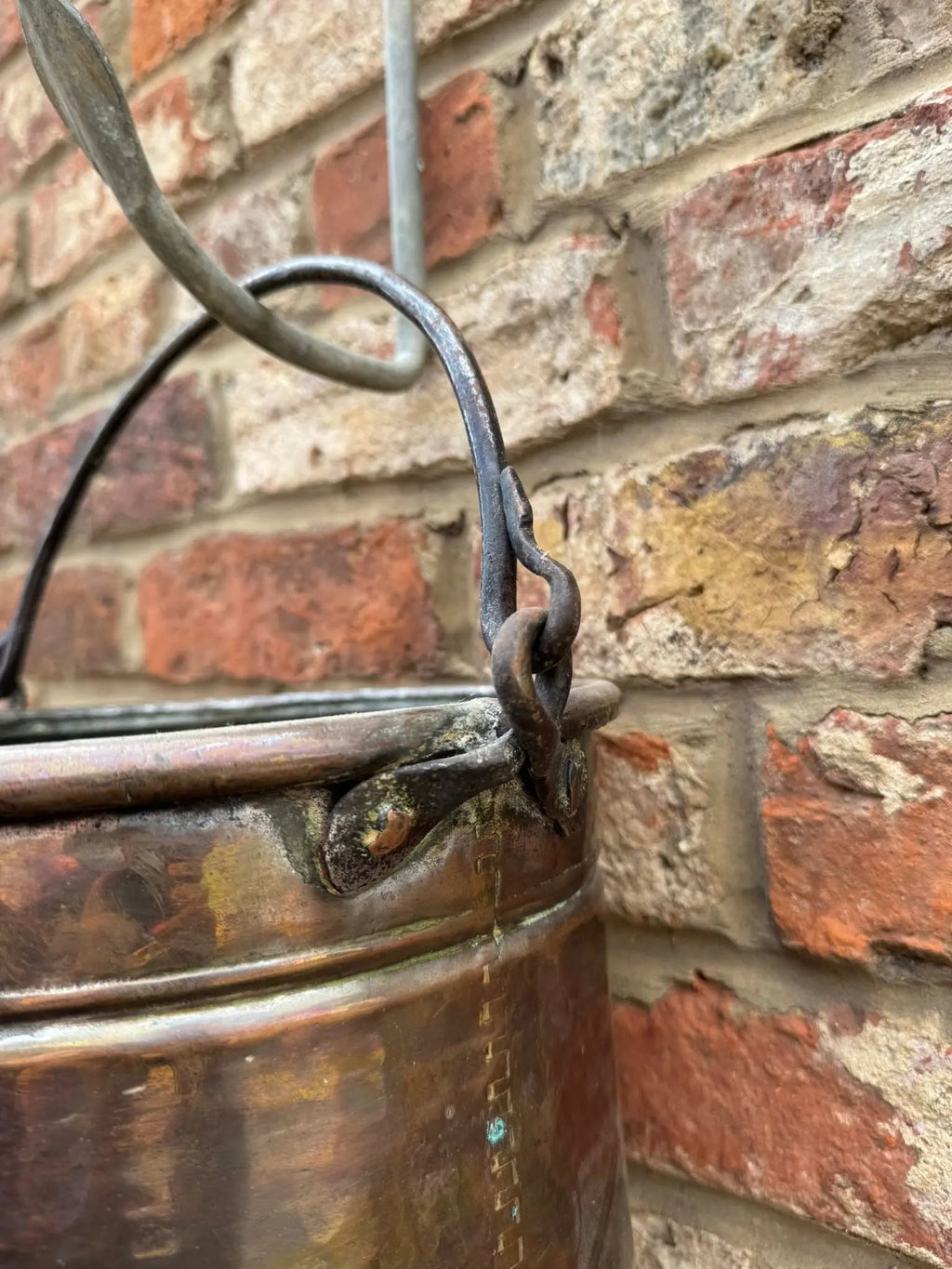 Antique Copper Cauldron Pot with Riveted Iron Handle & Dovetail Planter Pot  B