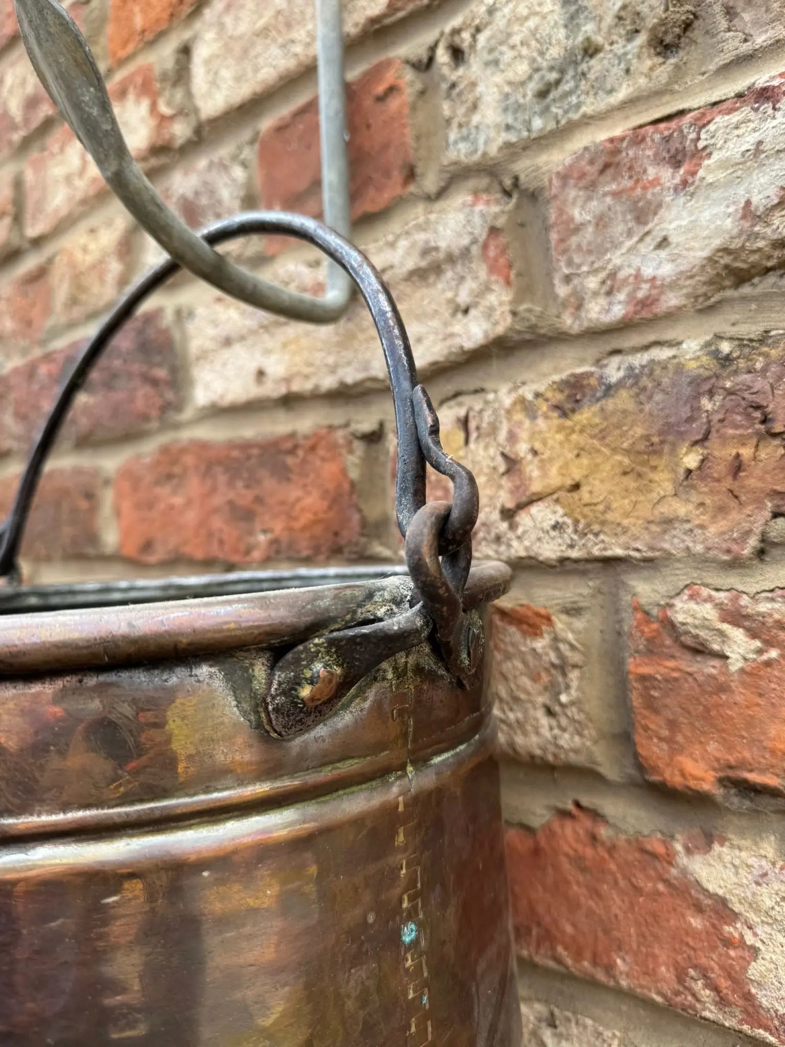 Antique Copper Cauldron Pot with Riveted Iron Handle & Dovetail Planter Pot  B
