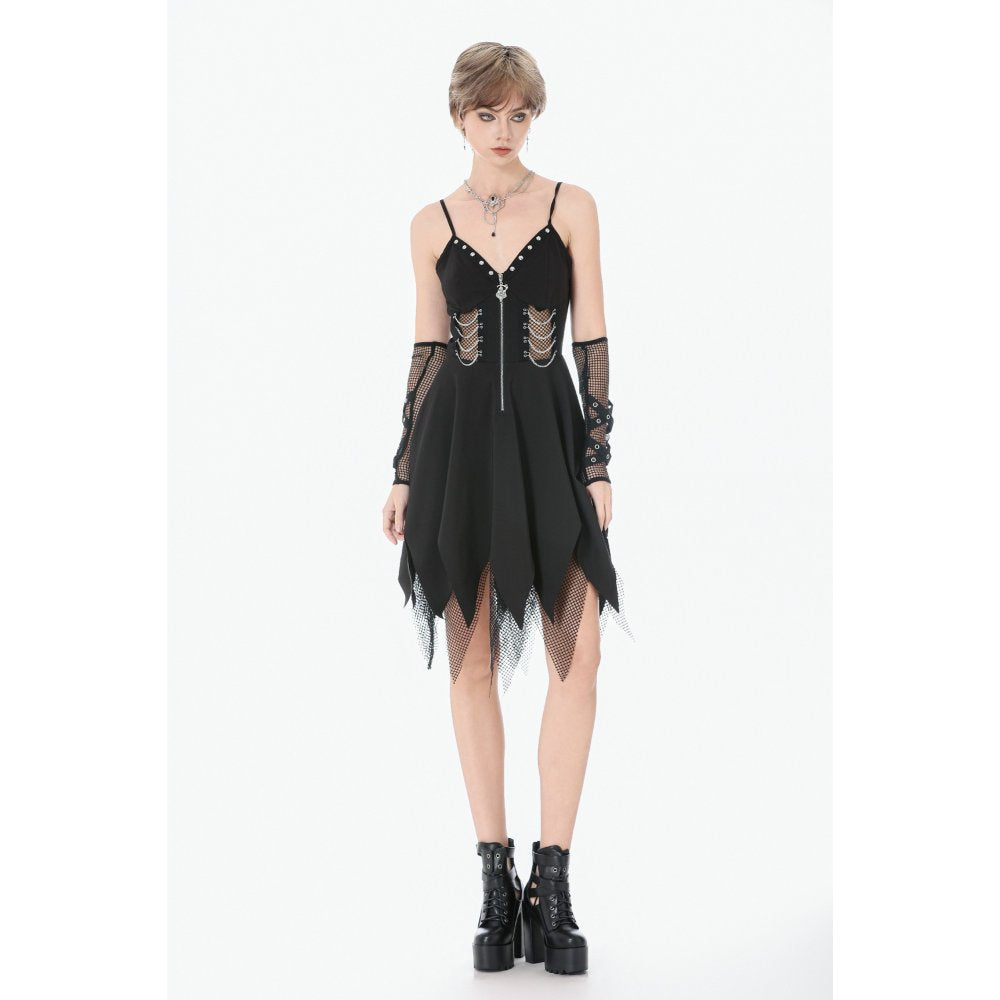 Dark in Love Black Punk Sleeveless Dress with Chains and Mesh