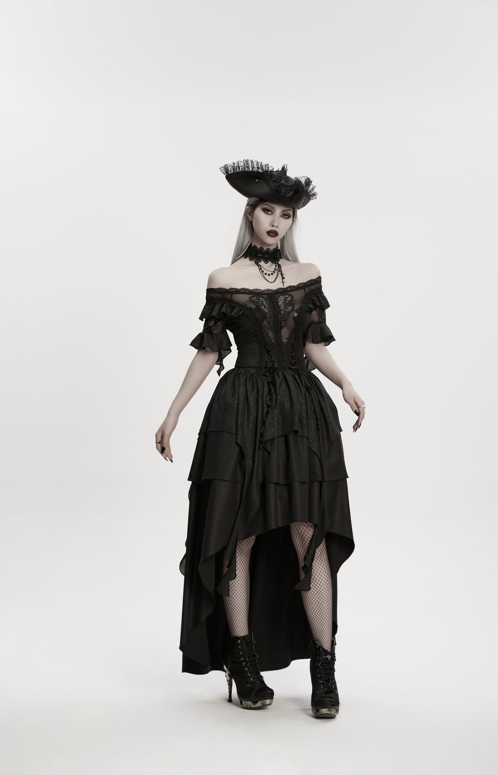 Punk Rave Goth Imprisoned Beast Bone Pirate Hat – Black Lace & Feather