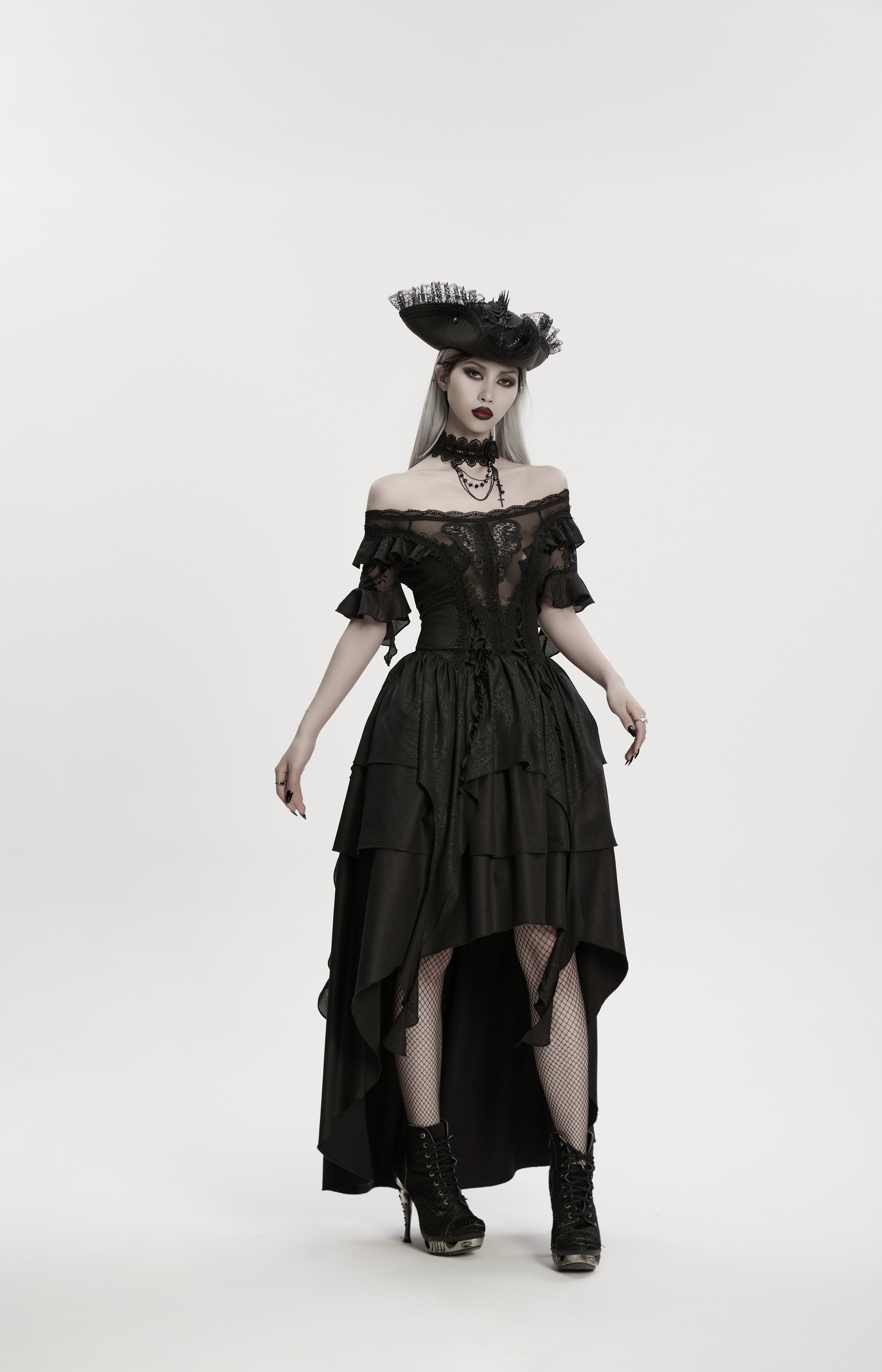 Punk Rave Goth Imprisoned Beast Bone Pirate Hat – Black Lace & Feather