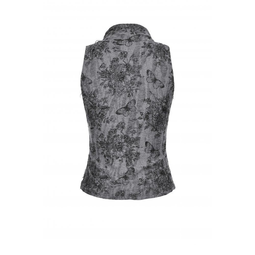 Dark in Love Grey Shredded Butterfly Print Halter Goth Top