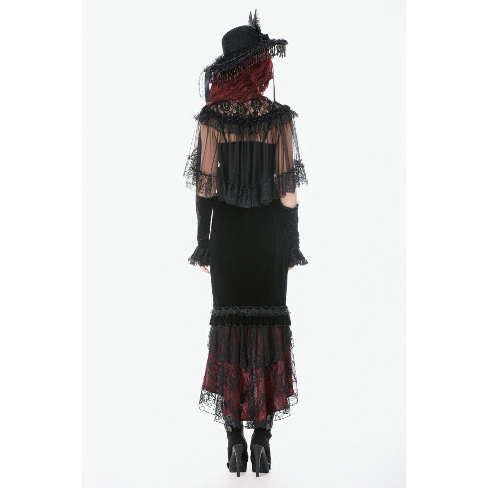 Dark in Love Gothic Velvet Mermaid Skirt – Elegant Red Lace Trim