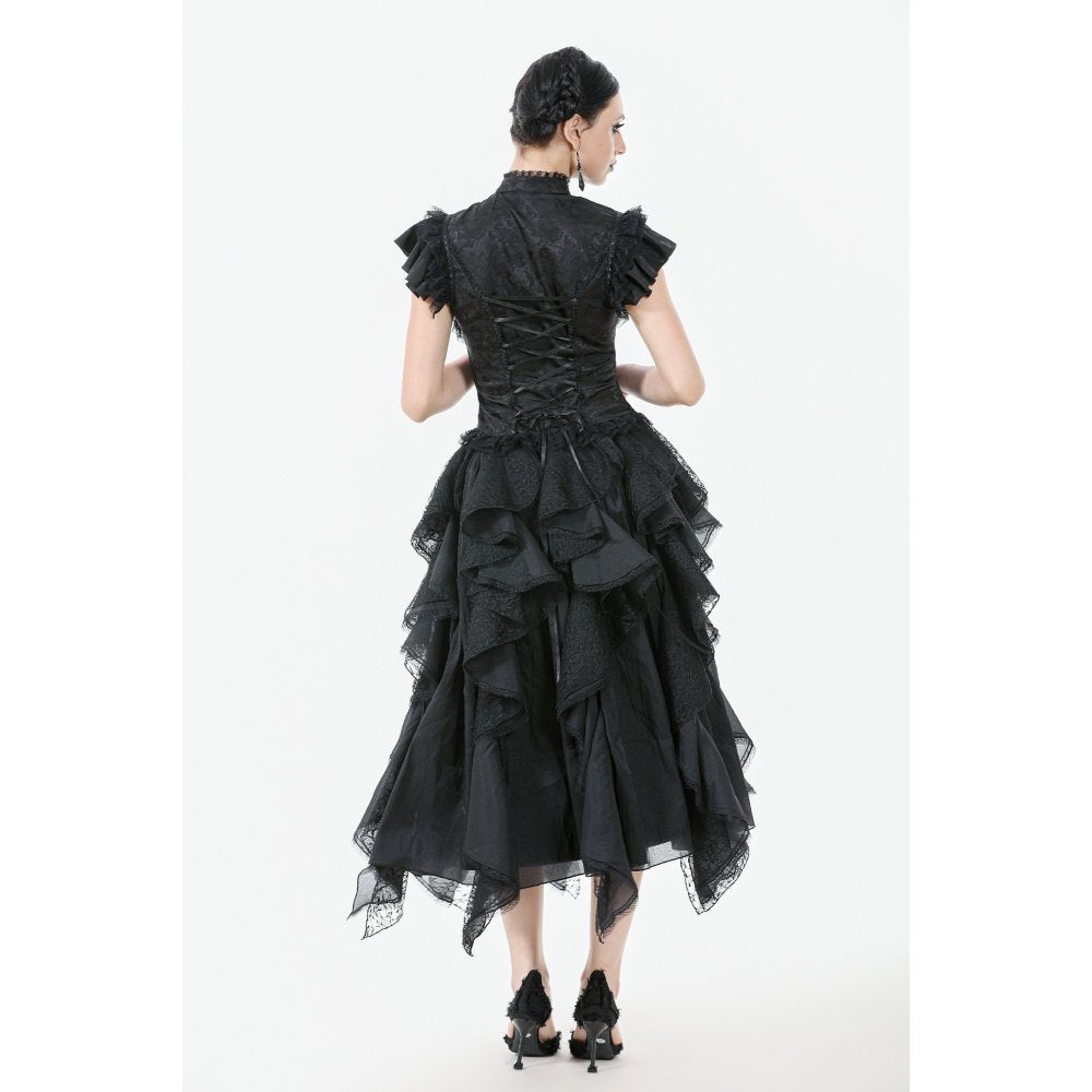 Dark in Love Morrigan Ruffled Goth Midi Skirt - Black Lace Asymmetric