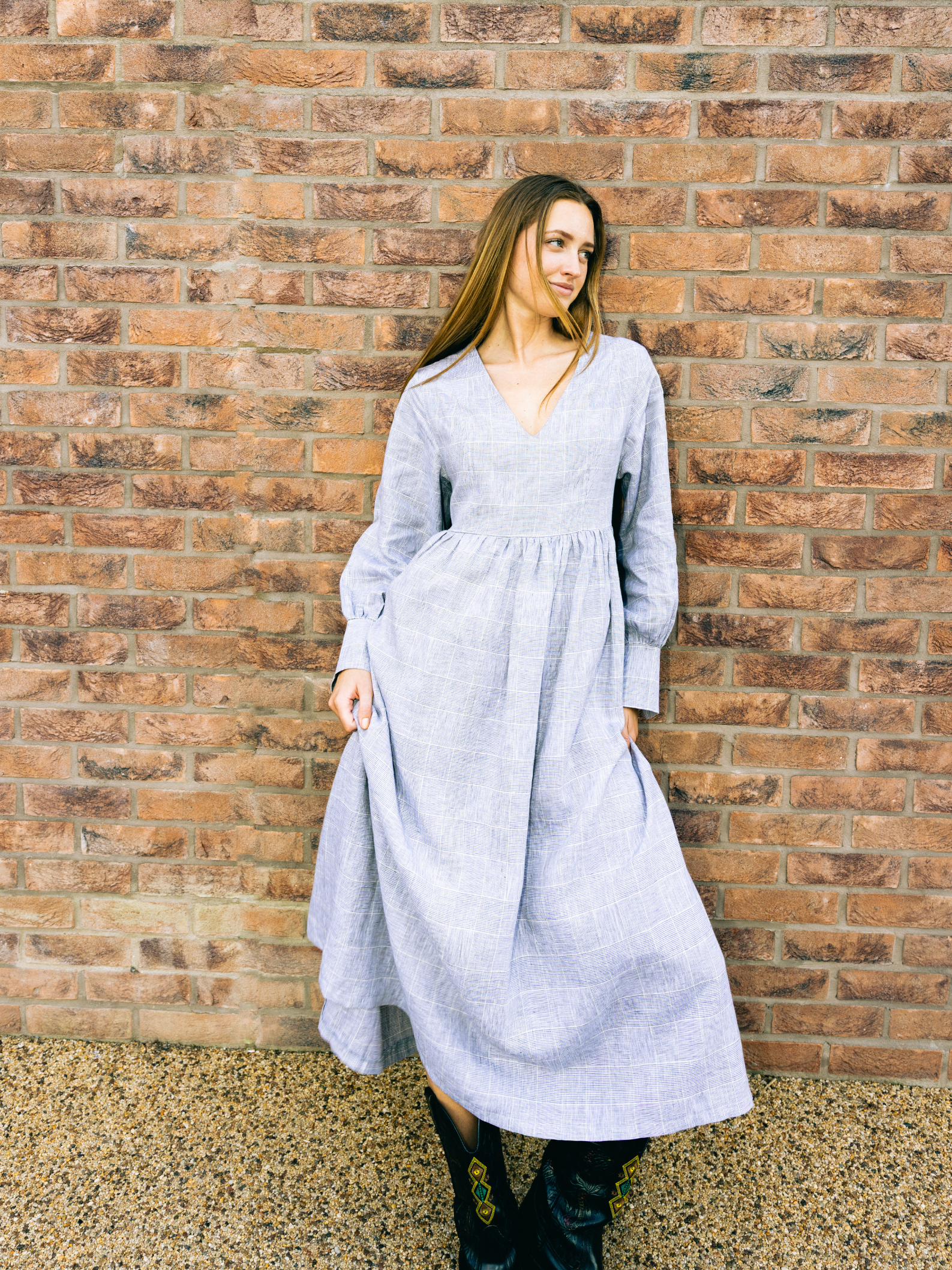 No More Nobody Michelle Maxi Dress – Organic Irish Linen Grey Check