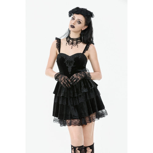 Dark in Love Nocturne Black Velvet Lace Ruffled Goth Dress