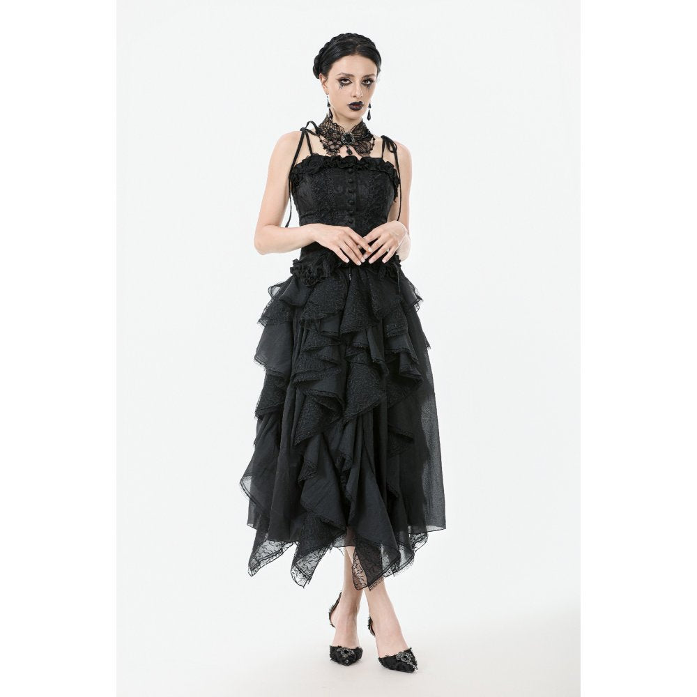Dark in Love Morrigan Ruffled Goth Midi Skirt - Black Lace Asymmetric