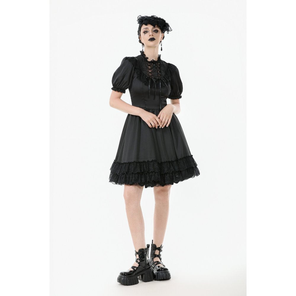 Dark in Love Belladonna Goth Dress – Black Lace-Up Puff Sleeve
