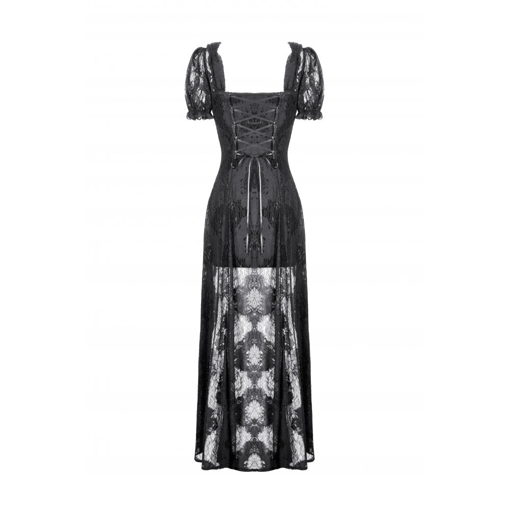 Dark in Love Morwenna Black Lace Gothic Maxi Dress with Train