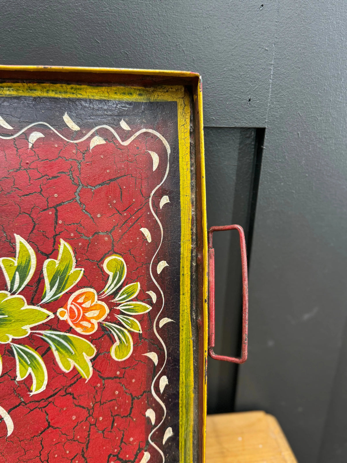 Vintage Red Metal Serving Tray | Hand Painted Indian Platter | Rustic Warehouse