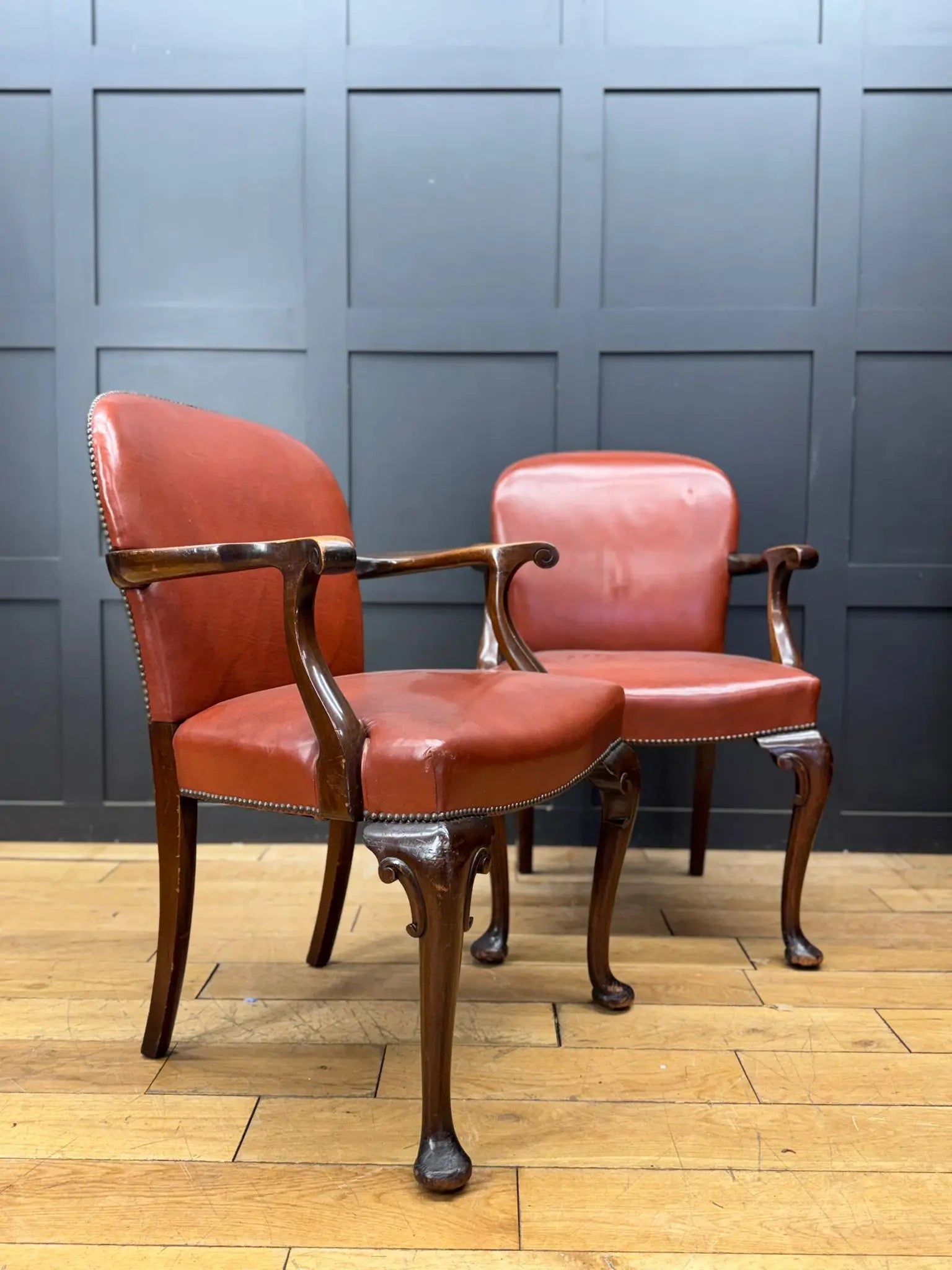 Antique Pair Of Gainsborough Style Mahogany Armchairs Desk Study Carver Chairs