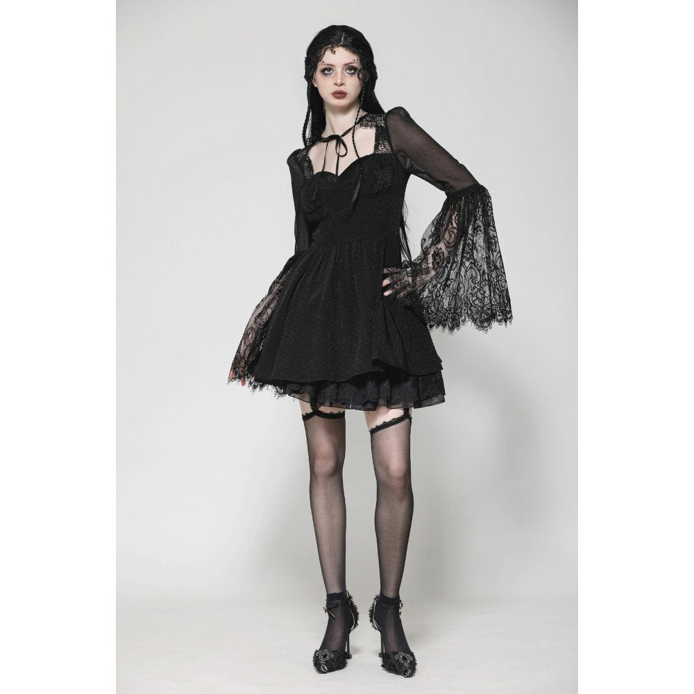 Dark in Love Greta Gothic Lace-Up Mesh Dress – Black Bell Sleeve
