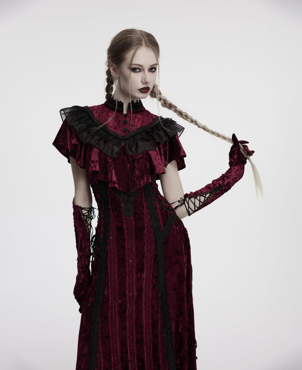 Punk Rave Selene Crimson Velvet Embroidered Gothic Evening Gloves