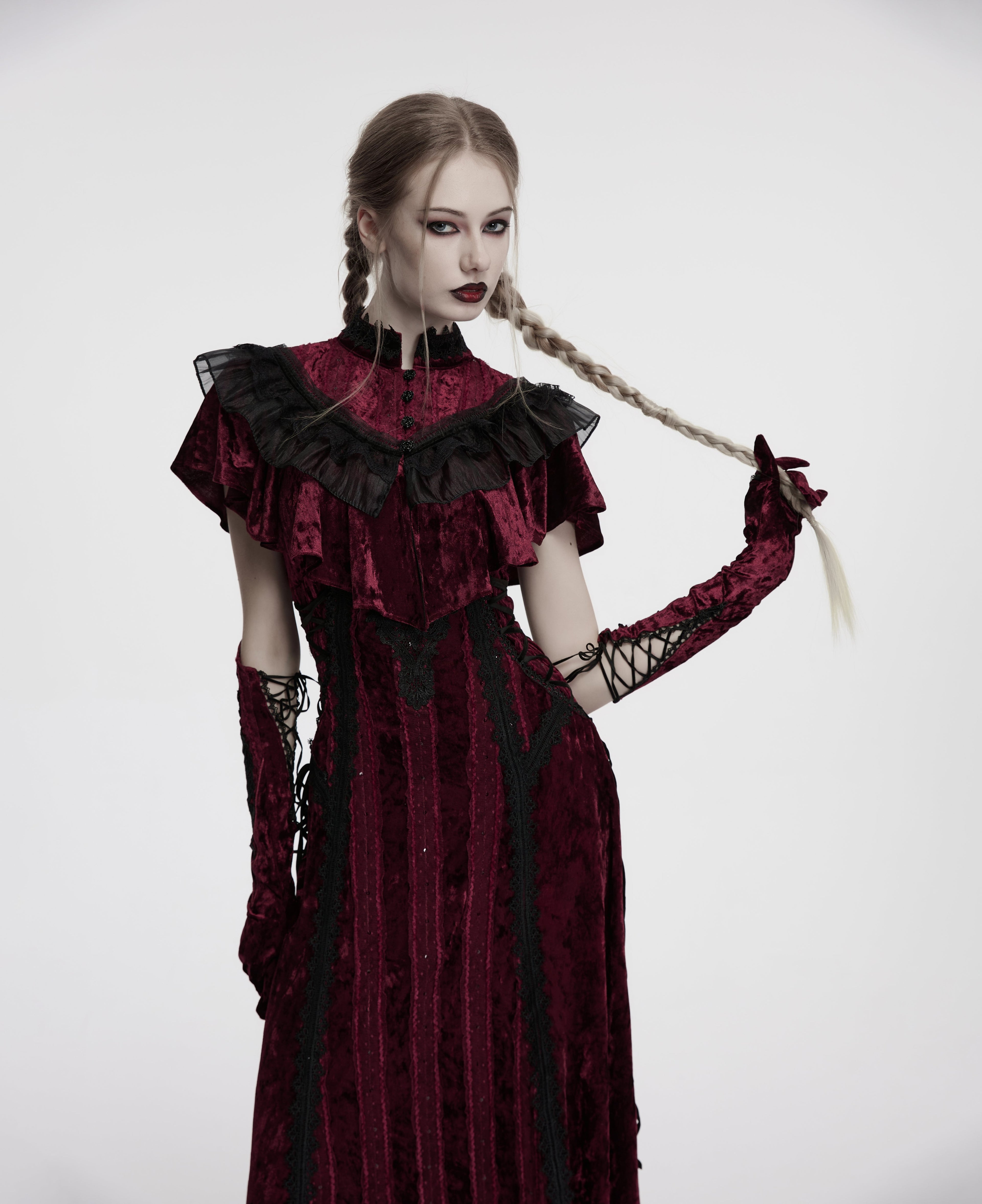 Punk Rave Selene Crimson Velvet Embroidered Gothic Evening Gloves