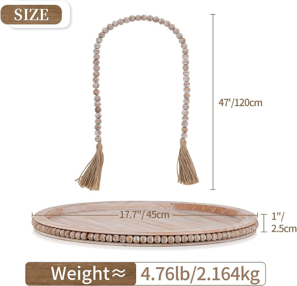 HANOBE 18 Inch Round Wooden Tray | Beaded Boho Coffee Table Centerpiece