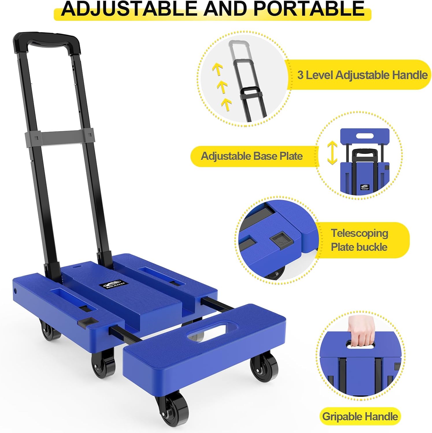 SOLEJAZZ Folding Hand Truck – 500LB Heavy Duty 6-Wheel Luggage Cart