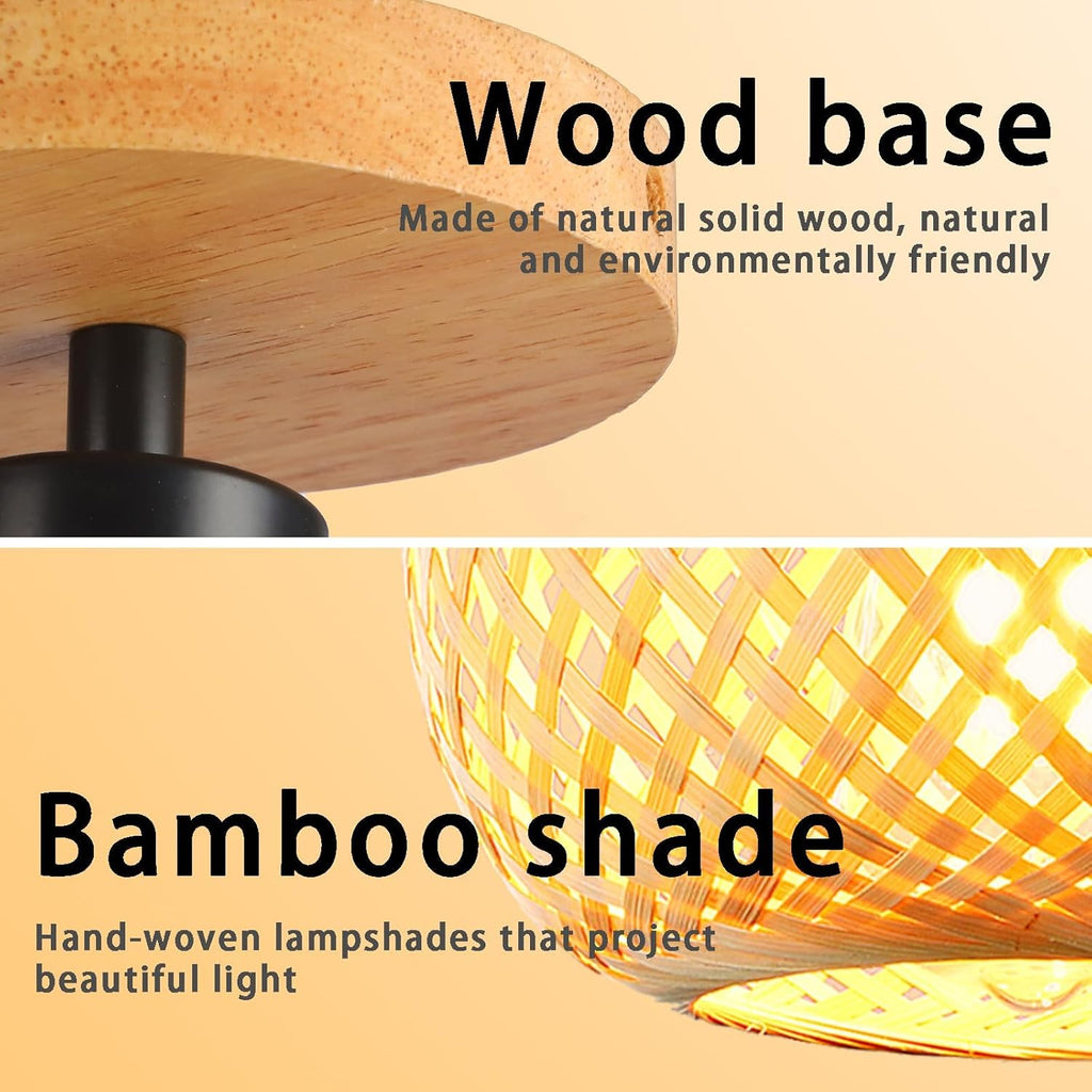 Schindora Bamboo Flush Mount Ceiling Light – Boho Rattan Wicker Fixture