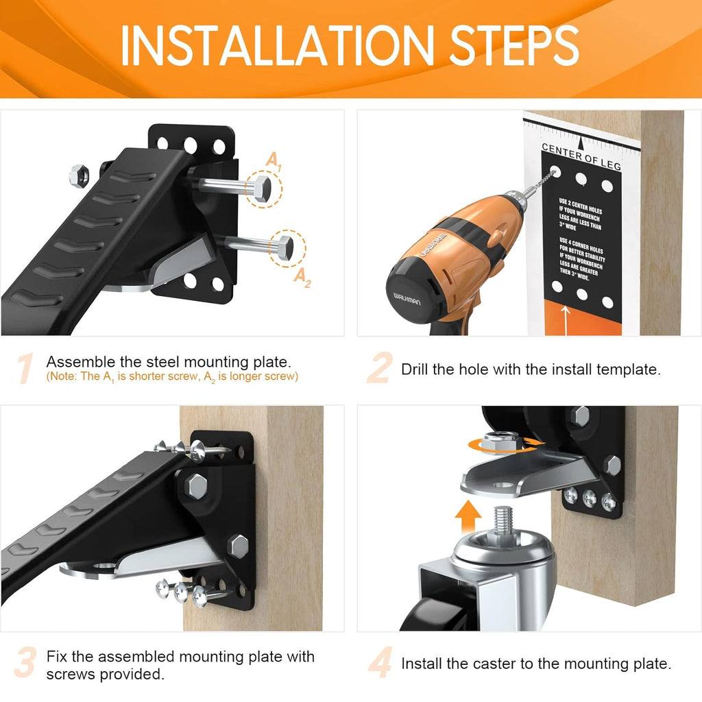 SOLEJAZZ Retractable Workbench Casters | 400KG Heavy Duty 3" Wheels
