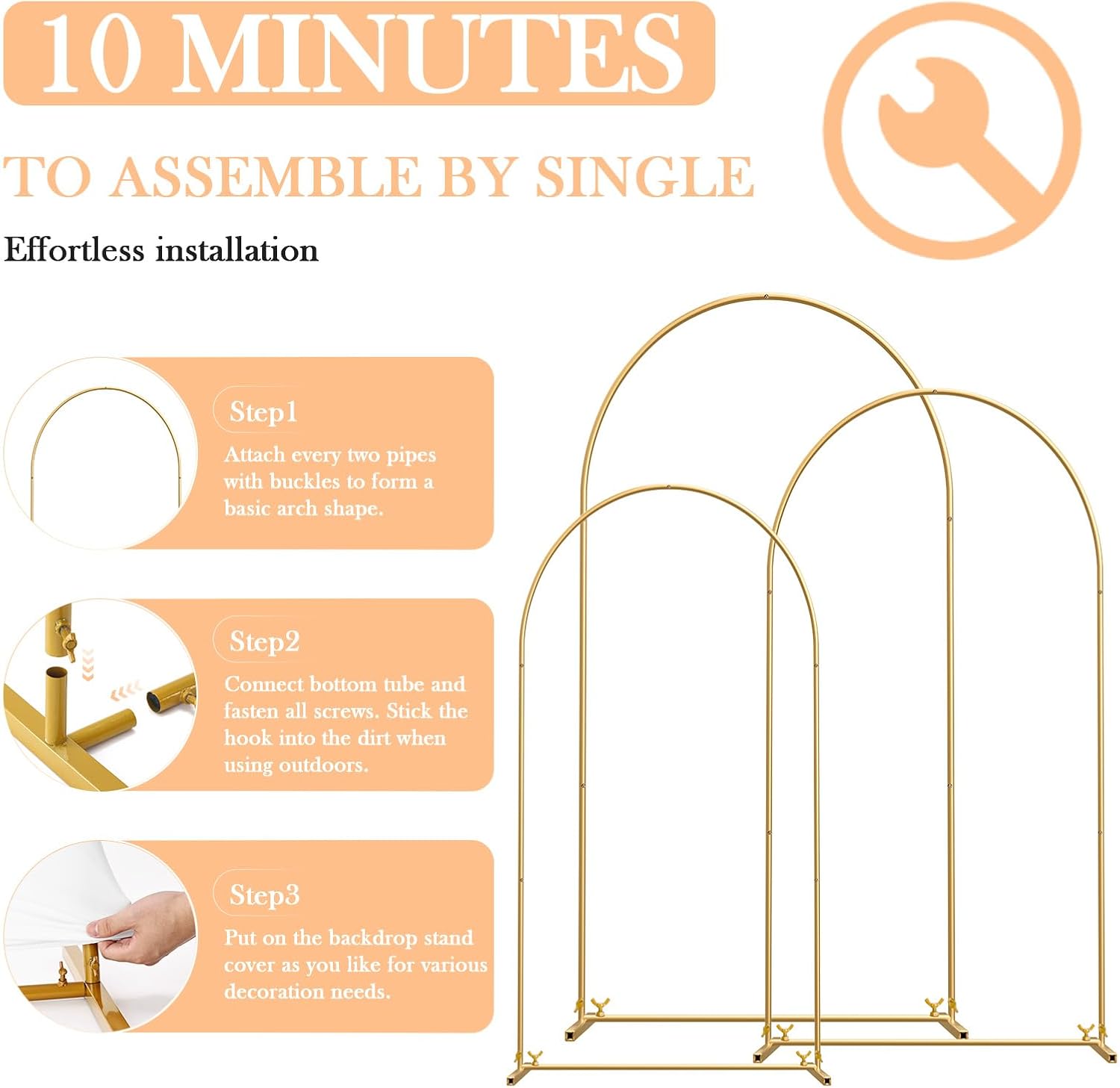 TopDirect Gold Metal Arch Backdrop Stand Set with 3 White Spandex Covers