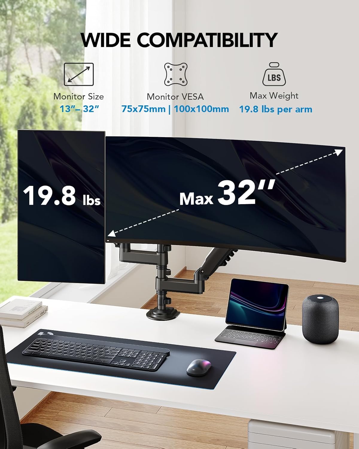 HUANUO Dual Monitor Stand – Adjustable Gas Spring Arm for 13-32 Inch