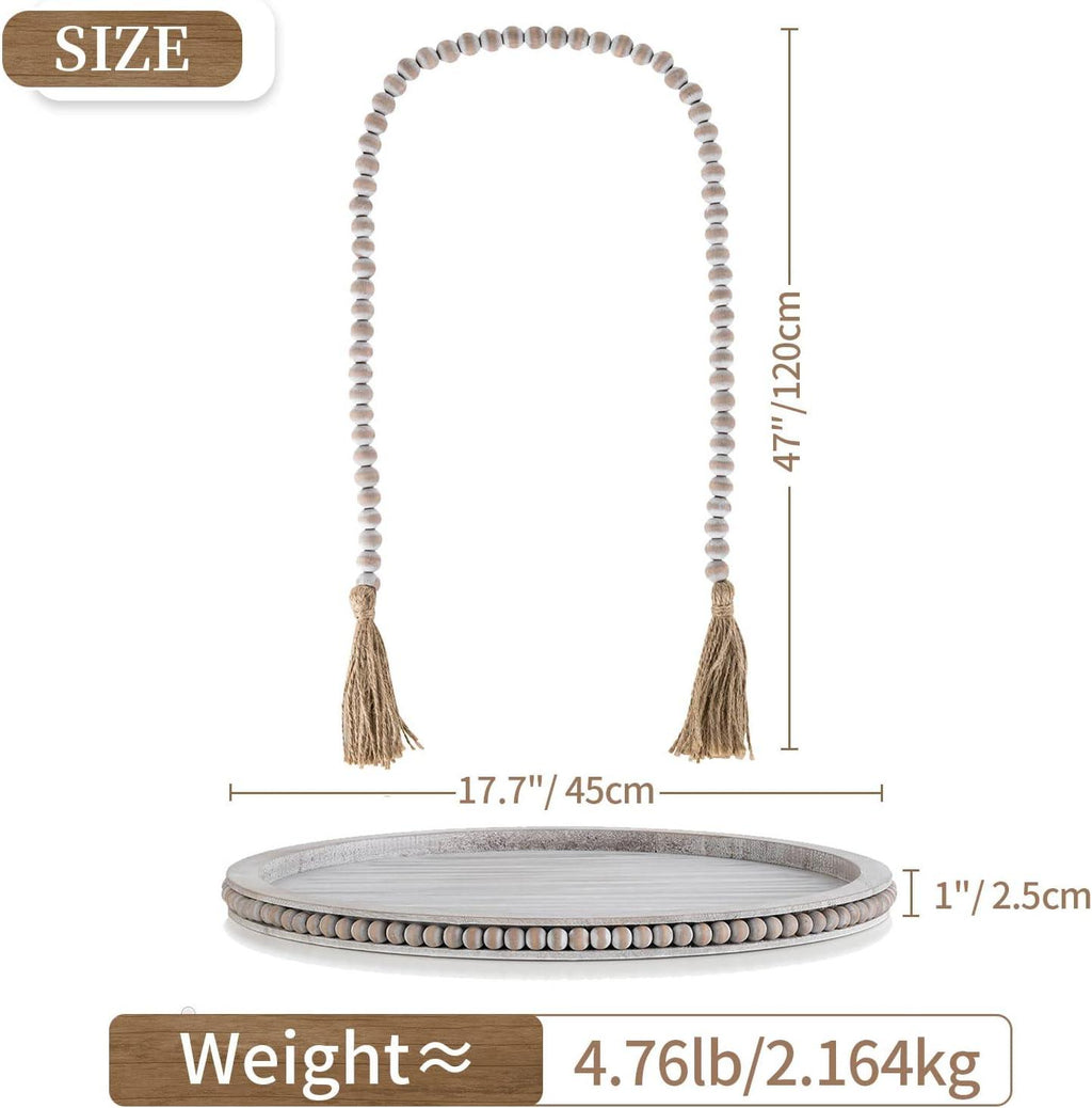 HANOBE 18 Inch Round Wooden Tray | Beaded Boho Coffee Table Centerpiece