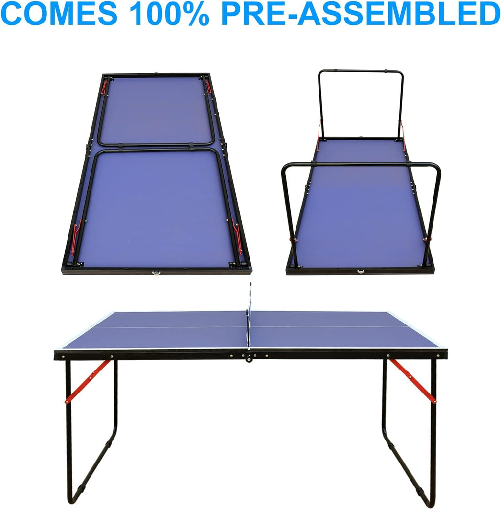 REXOUS Midsize Folding Ping Pong Table Set - 54" x 30" Portable Game Table
