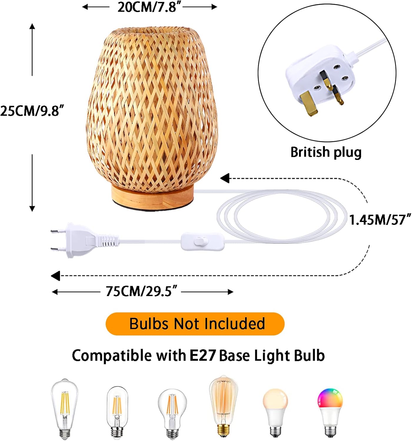 Schindora Bamboo Table Lamp – Handmade Wicker Boho Bedside Light
