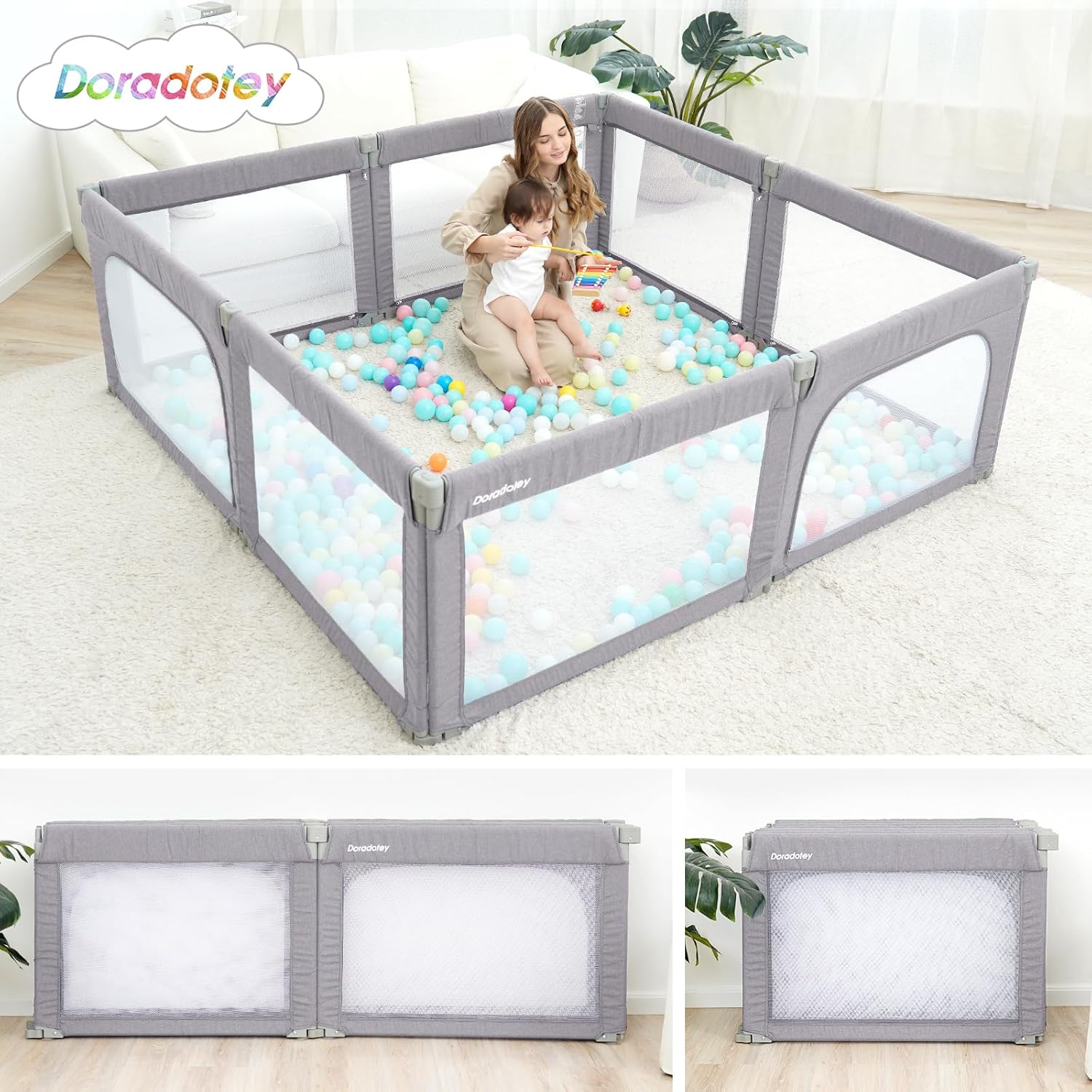 Doradotey Baby Playpen – 180x200cm Foldable 8-Panel Safety Play Yard
