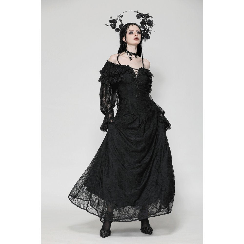 Dark in Love Cosette Gothic Maxi Dress – Lace Ruffle Off-Shoulder