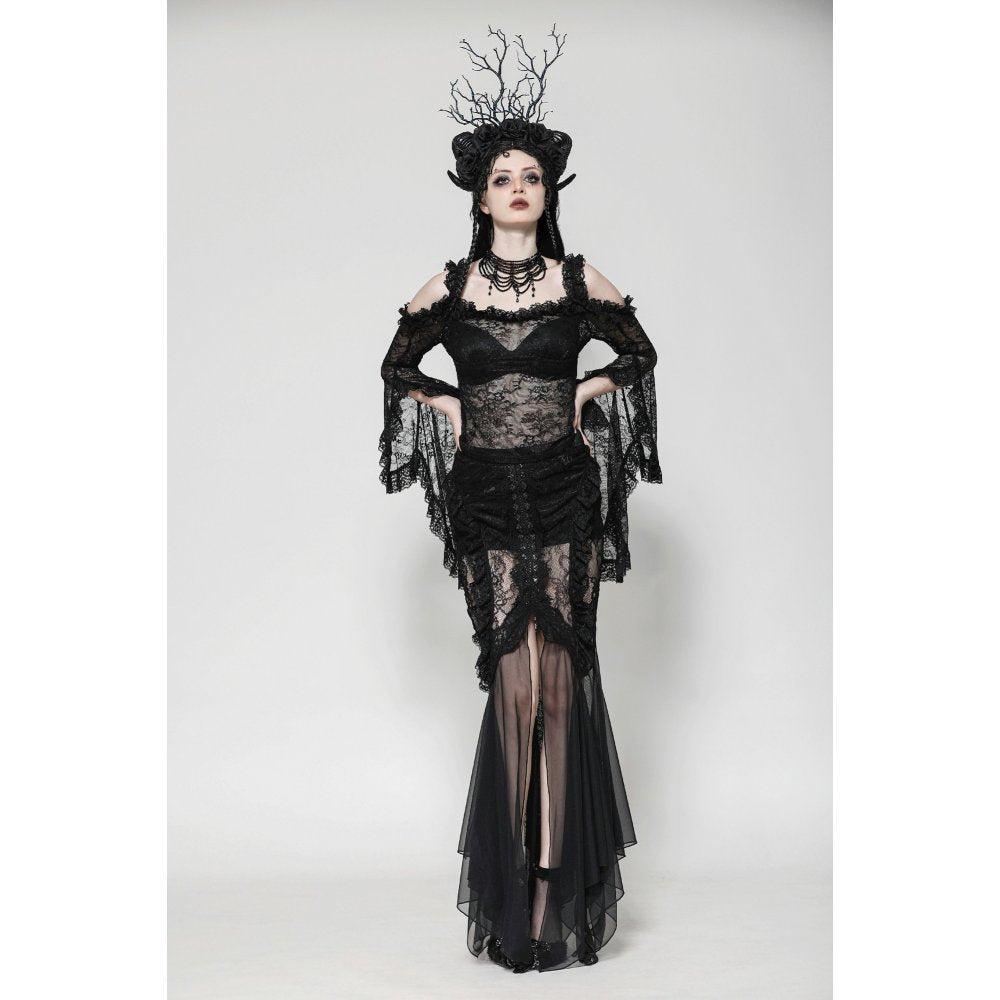 Dark in Love Nevaeh Gothic Lace and Mesh Mermaid Skirt – Black Embroidery