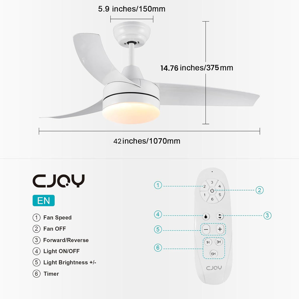 CJOY 42" White Ceiling Fan with Light | Quiet DC Motor & Remote Control
