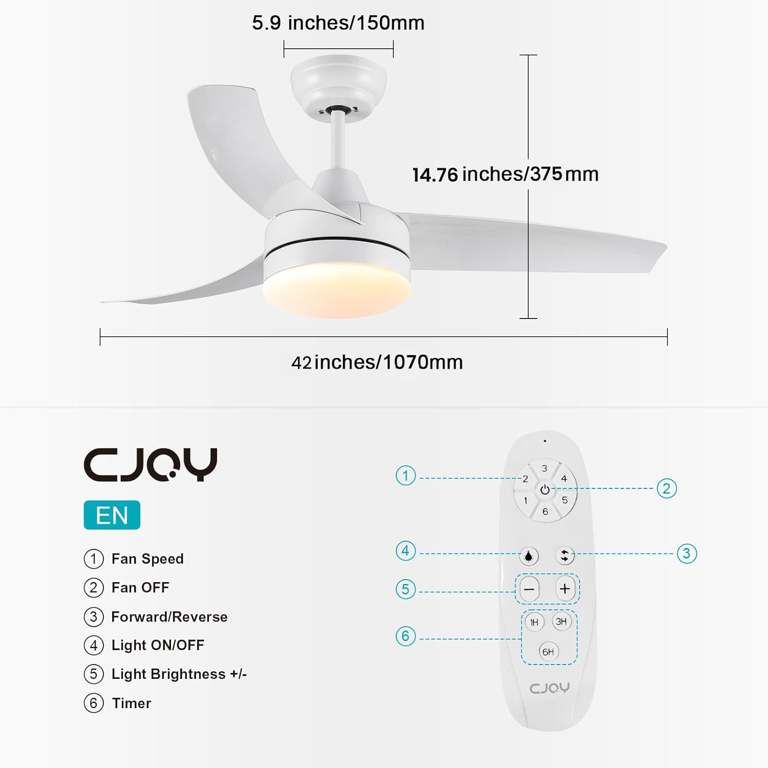 CJOY 42" White Ceiling Fan with Light | Quiet DC Motor & Remote Control