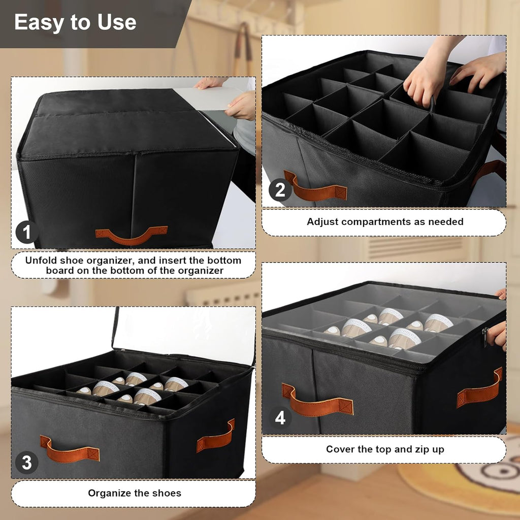 Hiyorsoa 16 Grid Shoe Organizer | Foldable Storage with Clear Dust Cover
