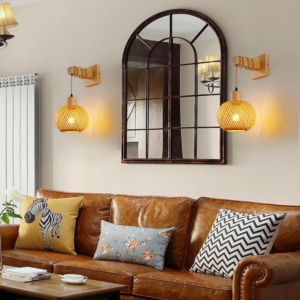 Schindora Handwoven Bamboo Wall Light – Boho Rattan E27 Indoor Sconce